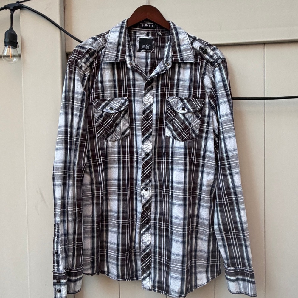 Various Artists Mens Slim Fit Plaid Button Down Shirt Brown White XL Long Sleeve